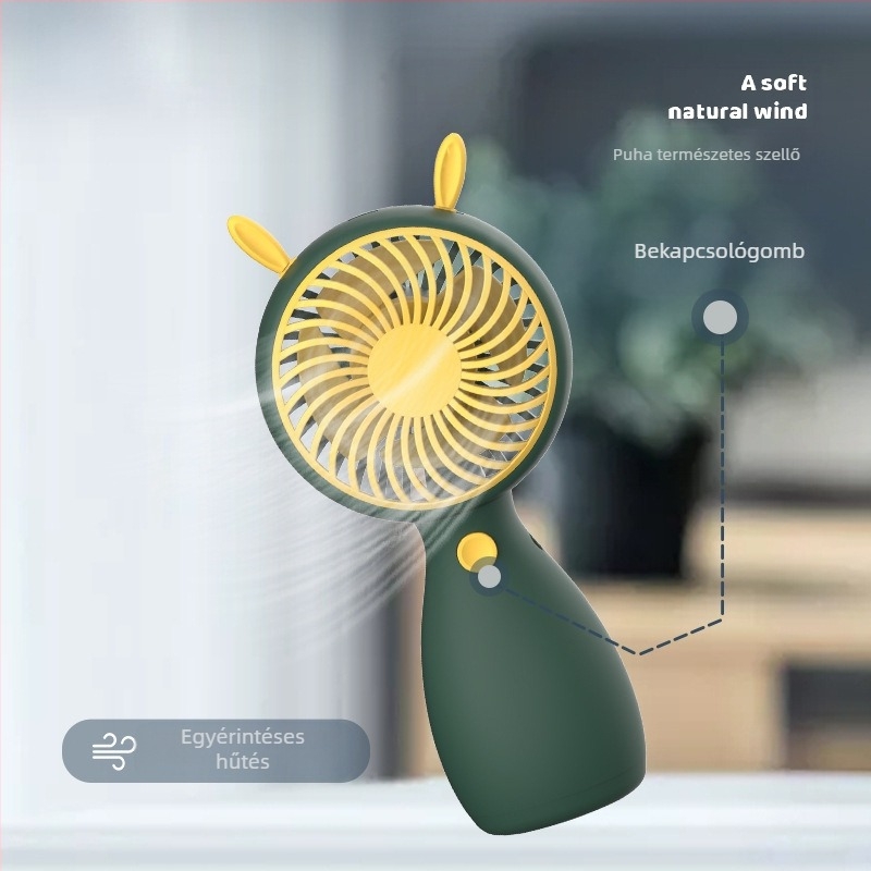 More Pleasure USB újratölthető kézi/asztali ventilátor négy lapáttal, beépített 1000–1200 mAh akkumulátor, zaj 50–60 dB, karikatúra stílus