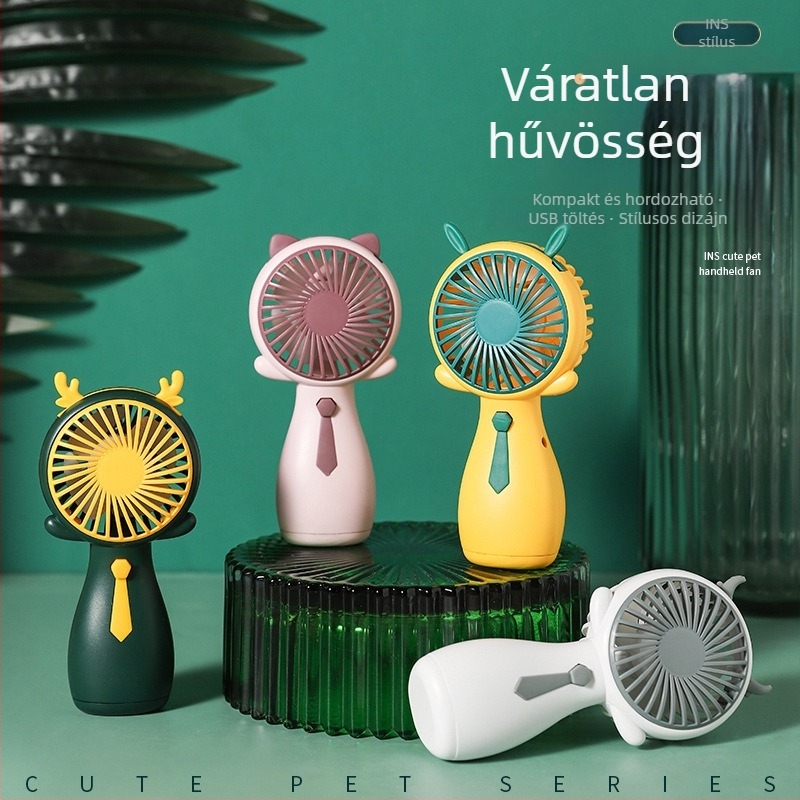 More Pleasure USB újratölthető kézi/asztali ventilátor négy lapáttal, beépített 1000–1200 mAh akkumulátor, zaj 50–60 dB, karikatúra stílus