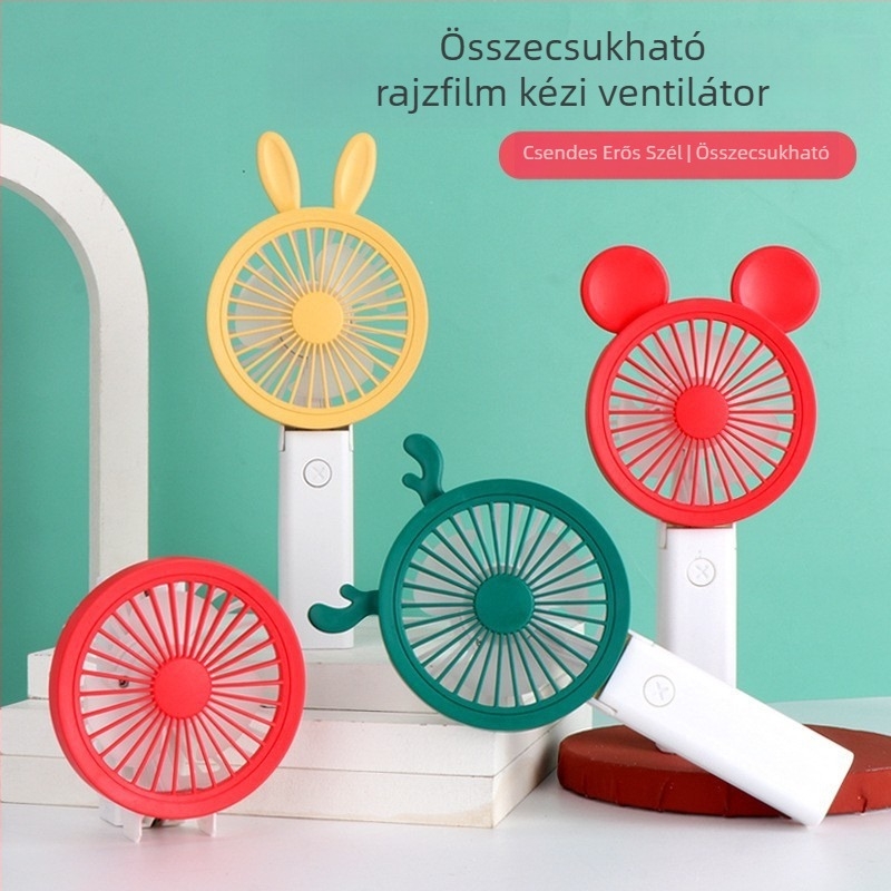 More Pleasure USB újratölthető kézi/asztali ventilátor négy lapáttal, beépített 1000–1200 mAh akkumulátor, zaj 50–60 dB, karikatúra stílus