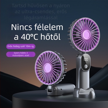 USB-töltésű kézi ventilátor digitális kijelzővel, összecsukható asztali ventilátor, 6 sebesség, 3 lapát, beépített akkumulátor