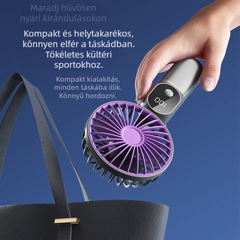 USB-töltésű kézi ventilátor digitális kijelzővel, összecsukható asztali ventilátor, 6 sebesség, 3 lapát, beépített akkumulátor