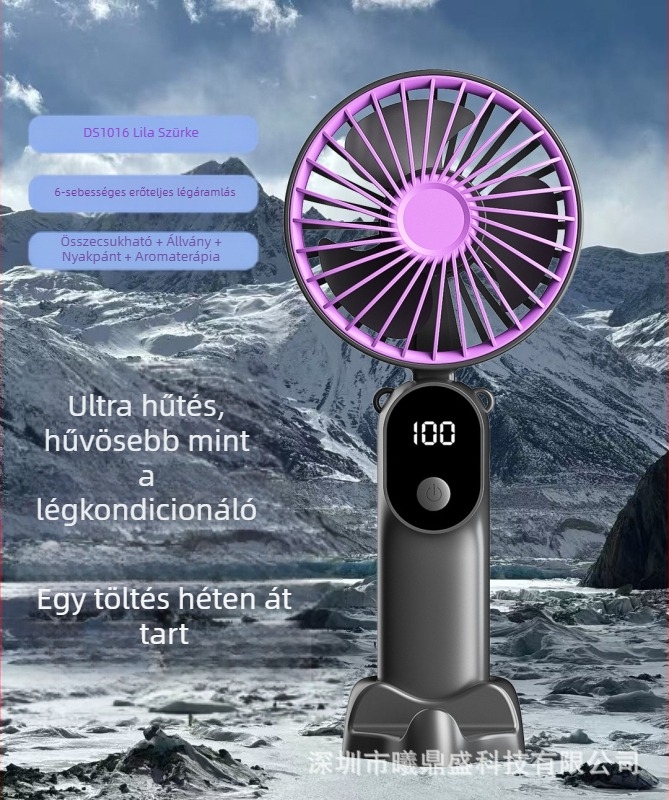 USB-töltésű kézi ventilátor digitális kijelzővel, összecsukható asztali ventilátor, 6 sebesség, 3 lapát, beépített akkumulátor