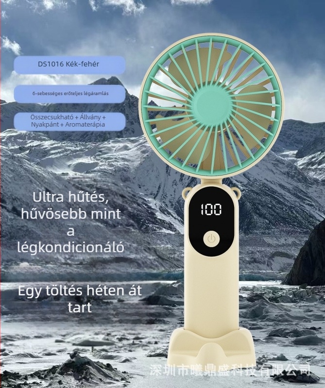 USB-töltésű kézi ventilátor digitális kijelzővel, összecsukható asztali ventilátor, 6 sebesség, 3 lapát, beépített akkumulátor