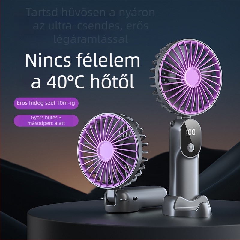 USB-töltésű kézi ventilátor digitális kijelzővel, összecsukható asztali ventilátor, 6 sebesség, 3 lapát, beépített akkumulátor