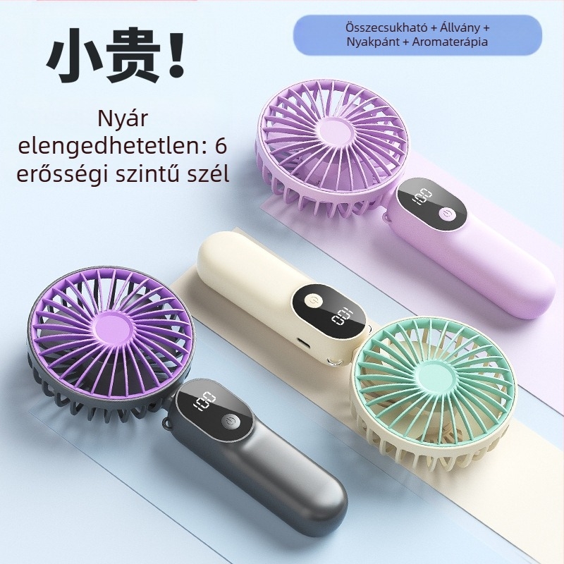 USB-töltésű kézi ventilátor digitális kijelzővel, összecsukható asztali ventilátor, 6 sebesség, 3 lapát, beépített akkumulátor