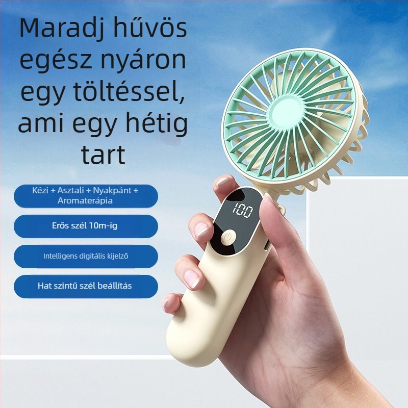 USB-töltésű kézi ventilátor digitális kijelzővel, összecsukható asztali ventilátor, 6 sebesség, 3 lapát, beépített akkumulátor