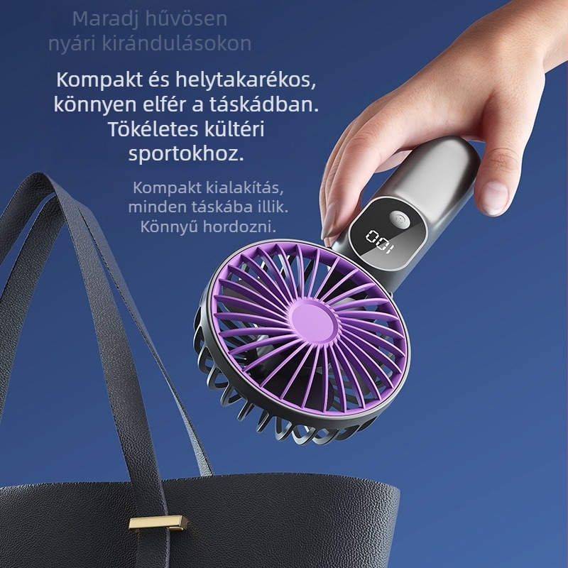 USB-töltésű kézi ventilátor digitális kijelzővel, összecsukható asztali ventilátor, 6 sebesség, 3 lapát, beépített akkumulátor