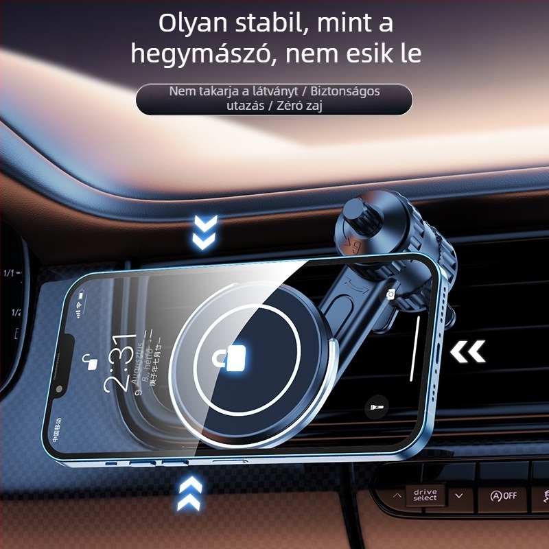 Autótelefon-tartó MagSafe mágneses vonzással, rögzítés a légkivezetőnél, állítható hosszabbító kar és spirális kampó