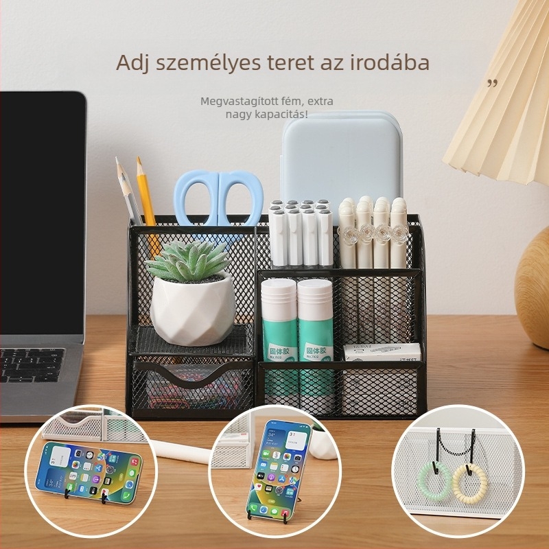 Hétrekeszes fém tolltartó drótos hálóval az asztalhoz, testreszabás elérhető