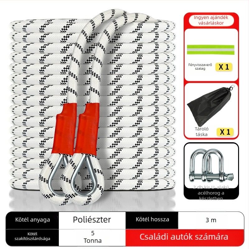 Off-road autó vontató kötél – nejlon; szakítószilárdság több mint 1000 lbs; fő felhasználás: utánfutózás és mentés; alkalmas terepjárókra, kisebb autókra és motorkerékpárokra