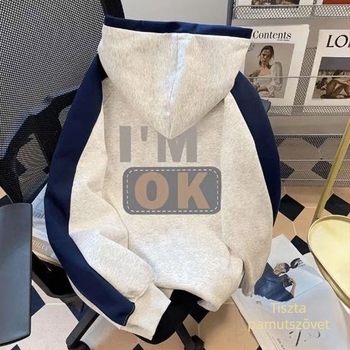 Koreai stílusú pulóver, pamut 96%+, betűs nyomás és patchwork, hosszú ujjú, laza szabású