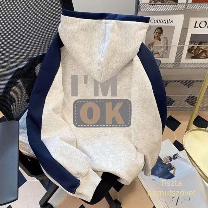 Koreai stílusú pulóver, pamut 96%+, betűs nyomás és patchwork, hosszú ujjú, laza szabású
