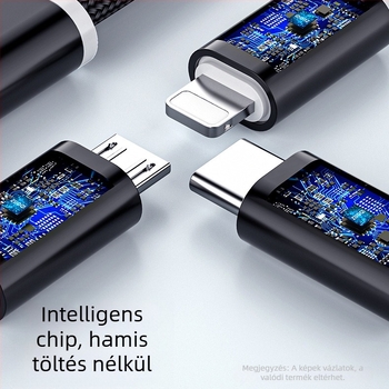 Szövött adat- és töltőkábel 1–3-as elosztással, 2.4A gyors töltés, 1 m hosszú, Lightning, Micro USB és Type-C csatlakozókkal, 12W max teljesítmény