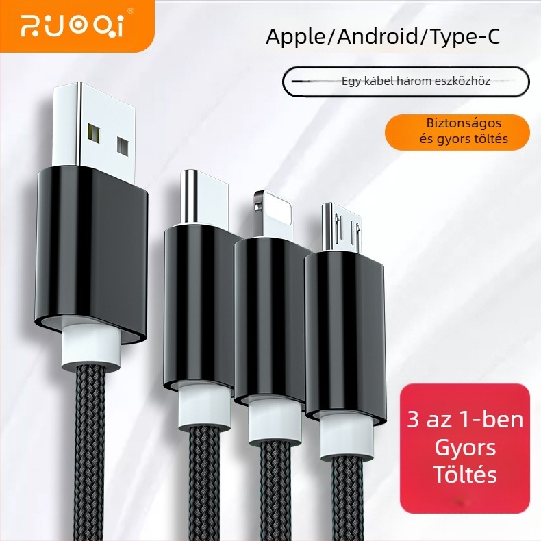 Szövött adat- és töltőkábel 1–3-as elosztással, 2.4A gyors töltés, 1 m hosszú, Lightning, Micro USB és Type-C csatlakozókkal, 12W max teljesítmény