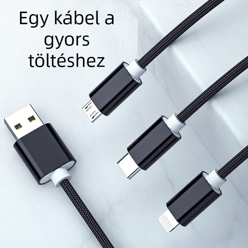Szövött adat- és töltőkábel 1–3-as elosztással, 2.4A gyors töltés, 1 m hosszú, Lightning, Micro USB és Type-C csatlakozókkal, 12W max teljesítmény
