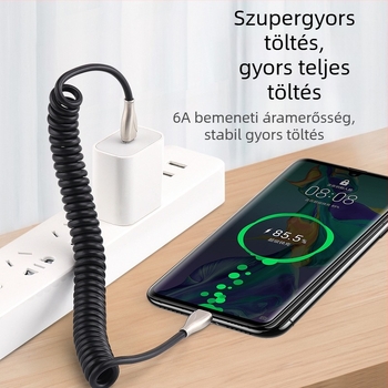 Type-C autóba visszahúzható töltőkábel spirálos kialakítással, autók és motorkerékpárok számára, 100W gyors töltés, 6A, TPE