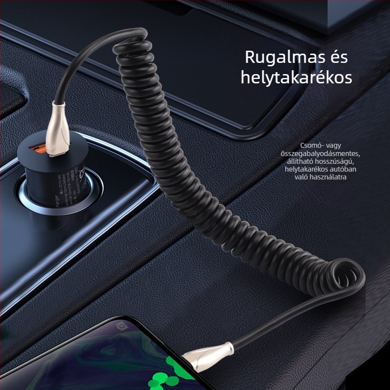 Type-C autóba visszahúzható töltőkábel spirálos kialakítással, autók és motorkerékpárok számára, 100W gyors töltés, 6A, TPE