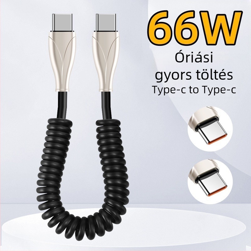 Type-C autóba visszahúzható töltőkábel spirálos kialakítással, autók és motorkerékpárok számára, 100W gyors töltés, 6A, TPE