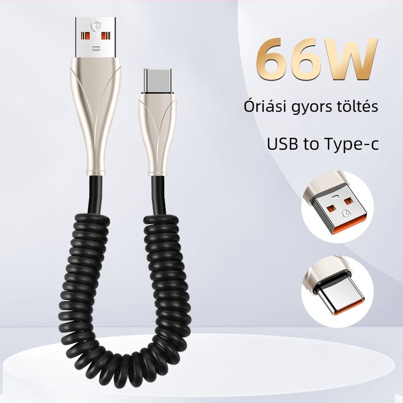 Type-C autóba visszahúzható töltőkábel spirálos kialakítással, autók és motorkerékpárok számára, 100W gyors töltés, 6A, TPE
