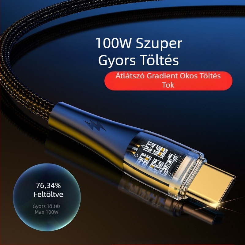 Type-C szövött gyorstöltő kábel, 100W, egyfejű csatlakozó, Huawei/Honor Android telefonokhoz