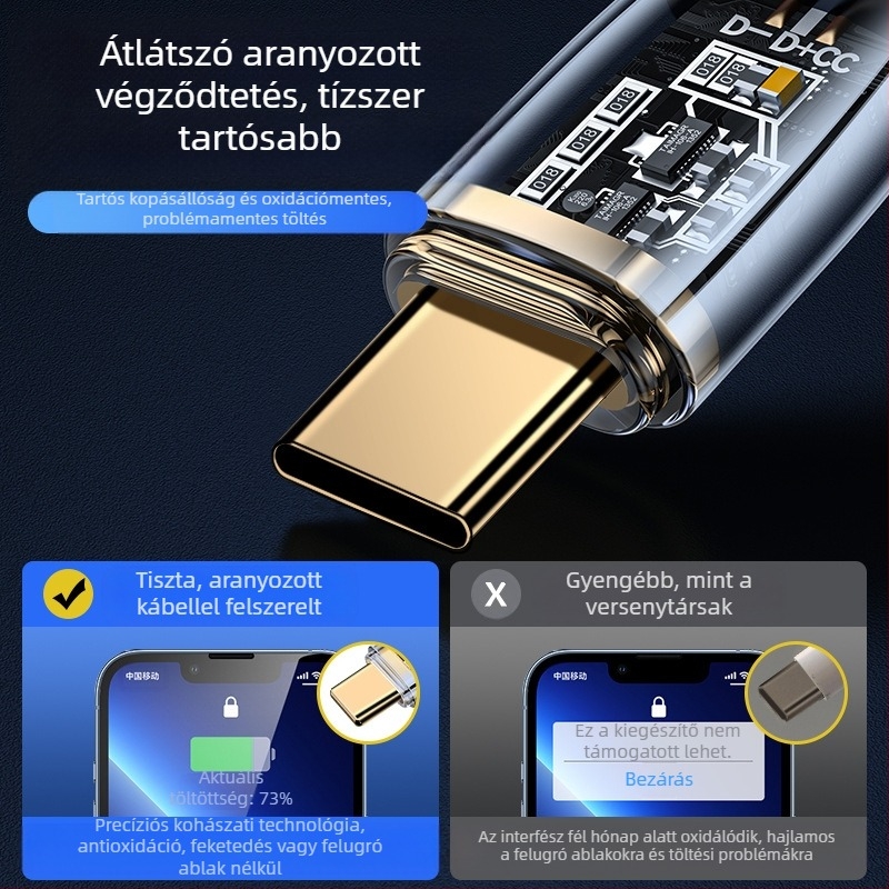 Type-C szövött gyorstöltő kábel, 100W, egyfejű csatlakozó, Huawei/Honor Android telefonokhoz