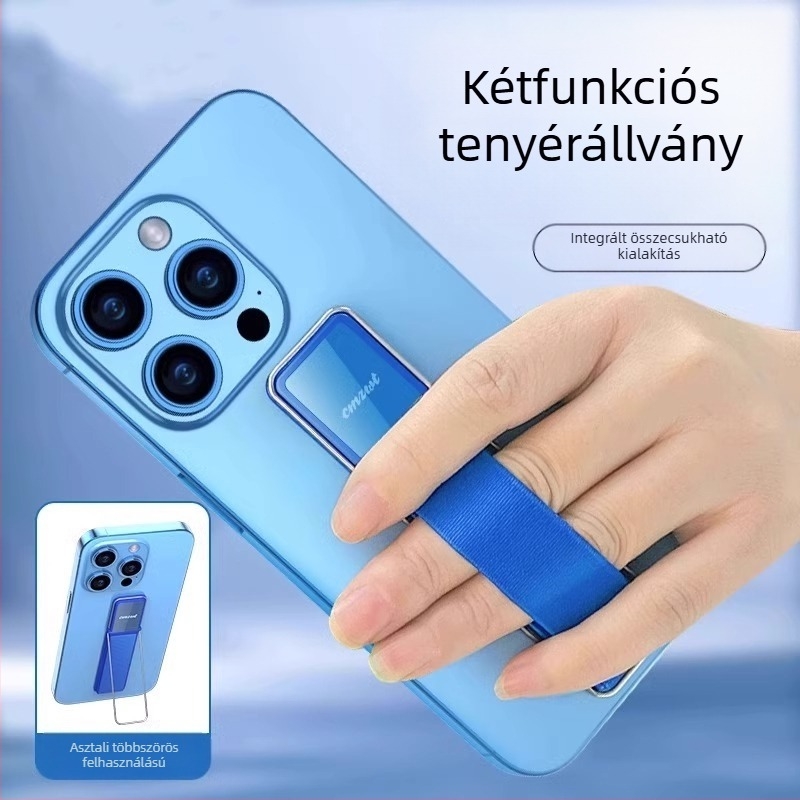 Telefonhoz gyűrűs tartó és kézre rögzítő pánt – leesés elleni, ABS + elasztikus szalag + rozsdamentes acél rugó + kétoldalas ragasztó