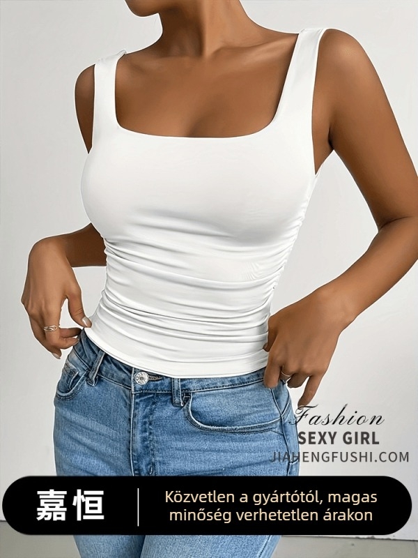 Női U-nyakú, ujjatlan póló, casual slim-fit, poliészter–spandex keverék