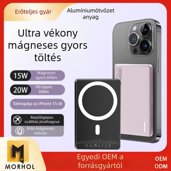Mágneses vezeték nélküli power bank PD3.0, 20W töltés, 10000mAh, alumínium ház, Modell MH805