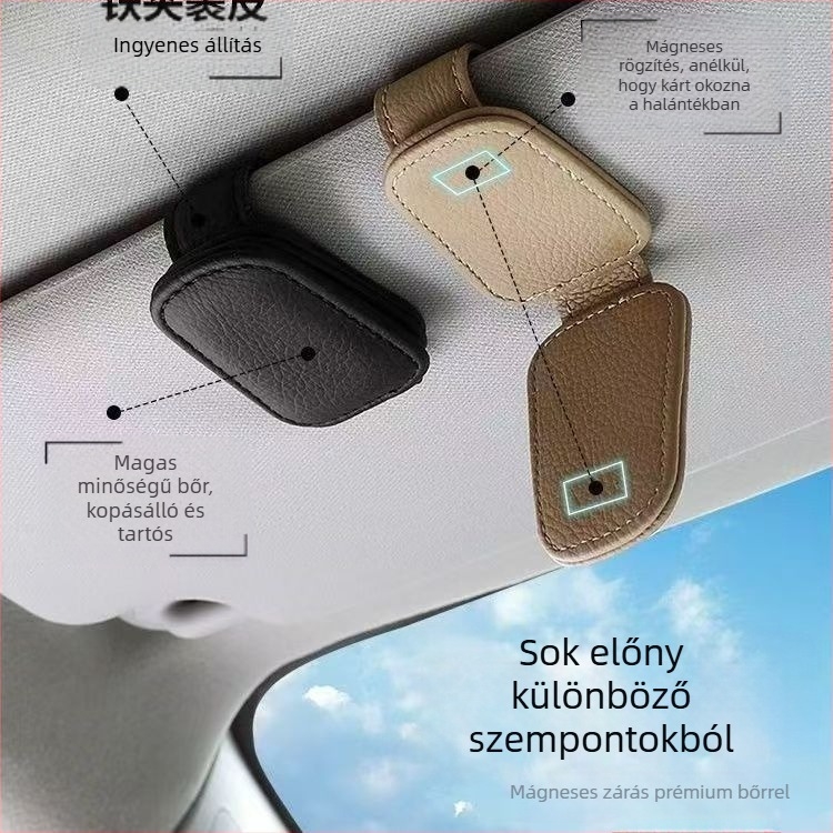 Autóba illeszthető szemüvegclip mágneses rögzítés és összecsukható kialakítás; univerzális illeszkedés; anyag: Egyéb; funkció: Szemüvegclip; testreszabás: Igen; élettartam: 5 év