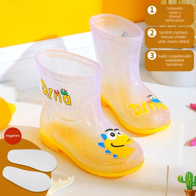 Gyerek esőcsizmák - PVC felső rész, középső szár magasság, alacsony sarok 1–3 cm, betűs dinoszaurusz mintázat, rajzfilmszerű stílus