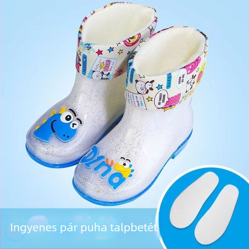 Gyerek esőcsizmák - PVC felső rész, középső szár magasság, alacsony sarok 1–3 cm, betűs dinoszaurusz mintázat, rajzfilmszerű stílus