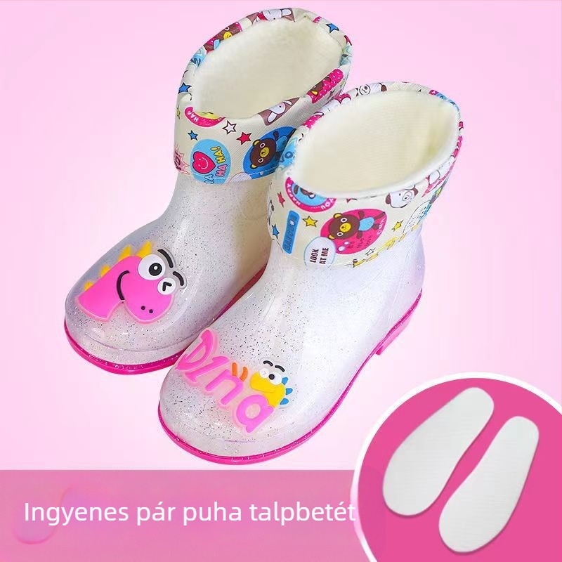 Gyerek esőcsizmák - PVC felső rész, középső szár magasság, alacsony sarok 1–3 cm, betűs dinoszaurusz mintázat, rajzfilmszerű stílus
