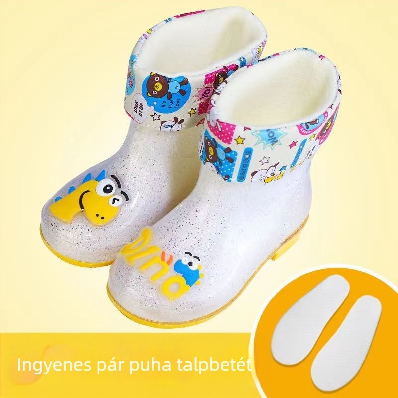 Gyerek esőcsizmák - PVC felső rész, középső szár magasság, alacsony sarok 1–3 cm, betűs dinoszaurusz mintázat, rajzfilmszerű stílus