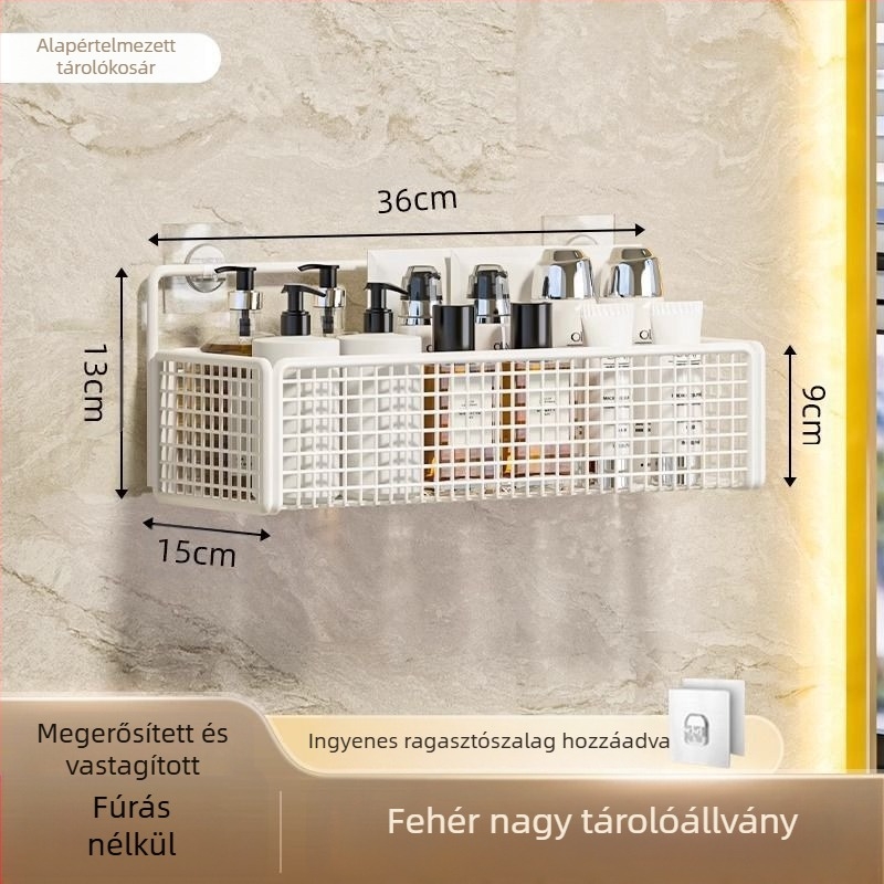 Vasból készült falra szerelhető fürdőszobai tároló, világos luxus stílus, fúrás nélküli szerelés