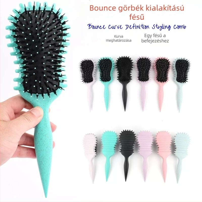 Gitár alakú göndörítő styling fésű léggömb-párnás fejjel, anti‑statikus sörtékkel, búzaszál és nylon sörtékkel a puha, definiált loknikért
