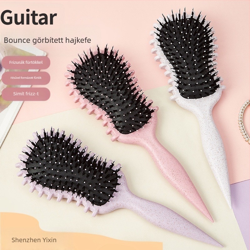 Gitár alakú göndörítő styling fésű léggömb-párnás fejjel, anti‑statikus sörtékkel, búzaszál és nylon sörtékkel a puha, definiált loknikért