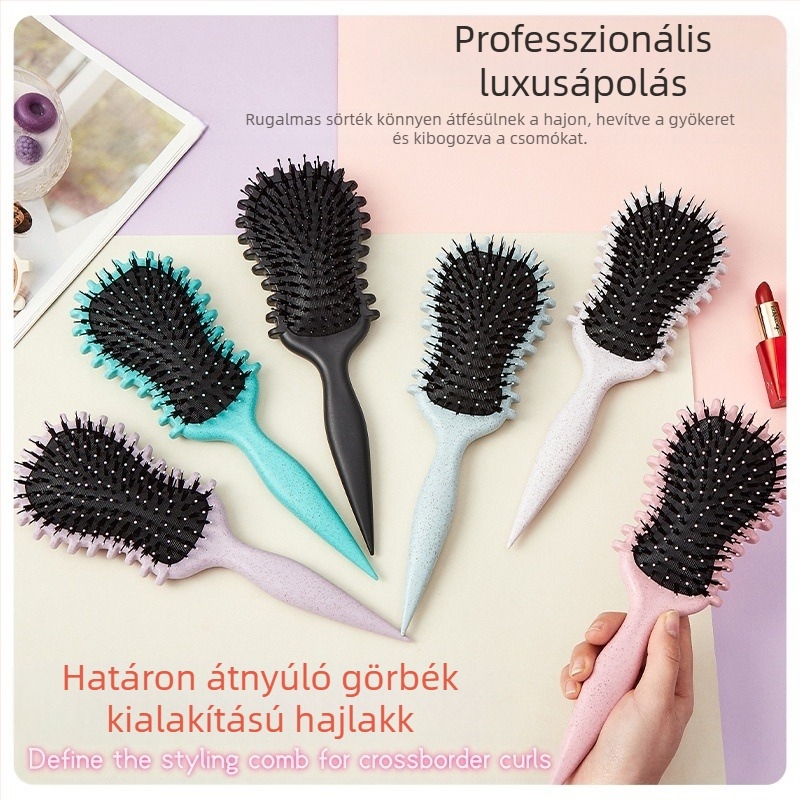 Gitár alakú göndörítő styling fésű léggömb-párnás fejjel, anti‑statikus sörtékkel, búzaszál és nylon sörtékkel a puha, definiált loknikért