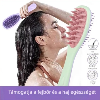 Hosszú nyelű samponfésű, kétoldalú fogakkal és fejbőrmasszázzsal
