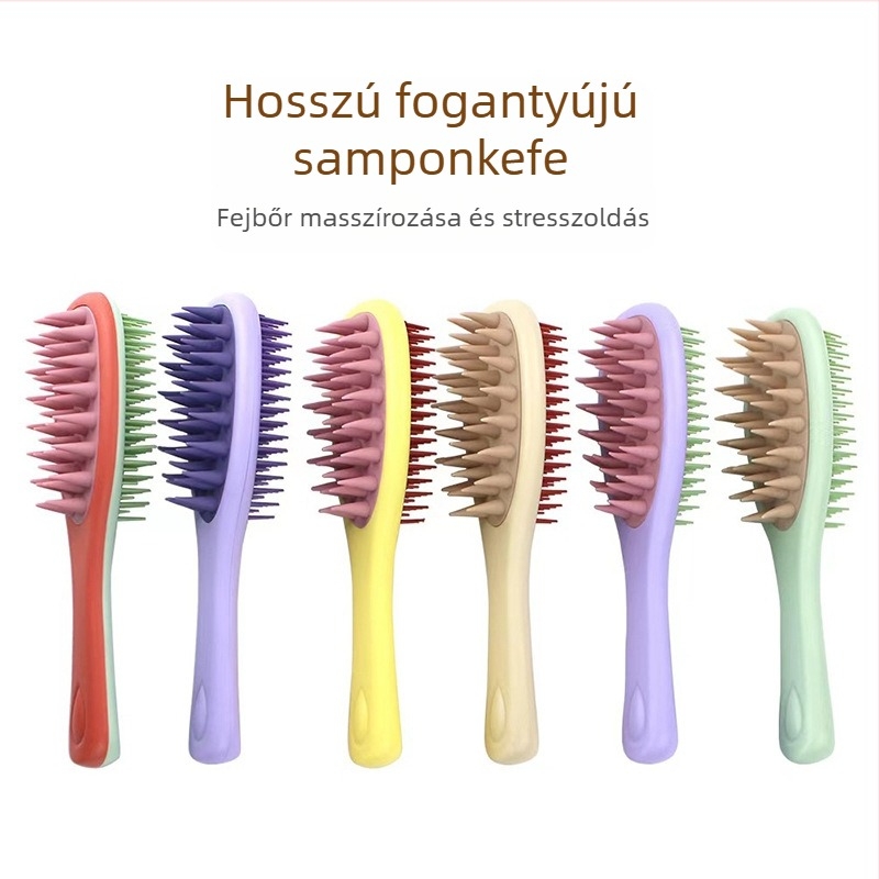 Hosszú nyelű samponfésű, kétoldalú fogakkal és fejbőrmasszázzsal