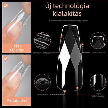 Átlátszó műköröm tippek 3D gyémánt díszítéssel, mandula és balerina formák, kockás mintázat