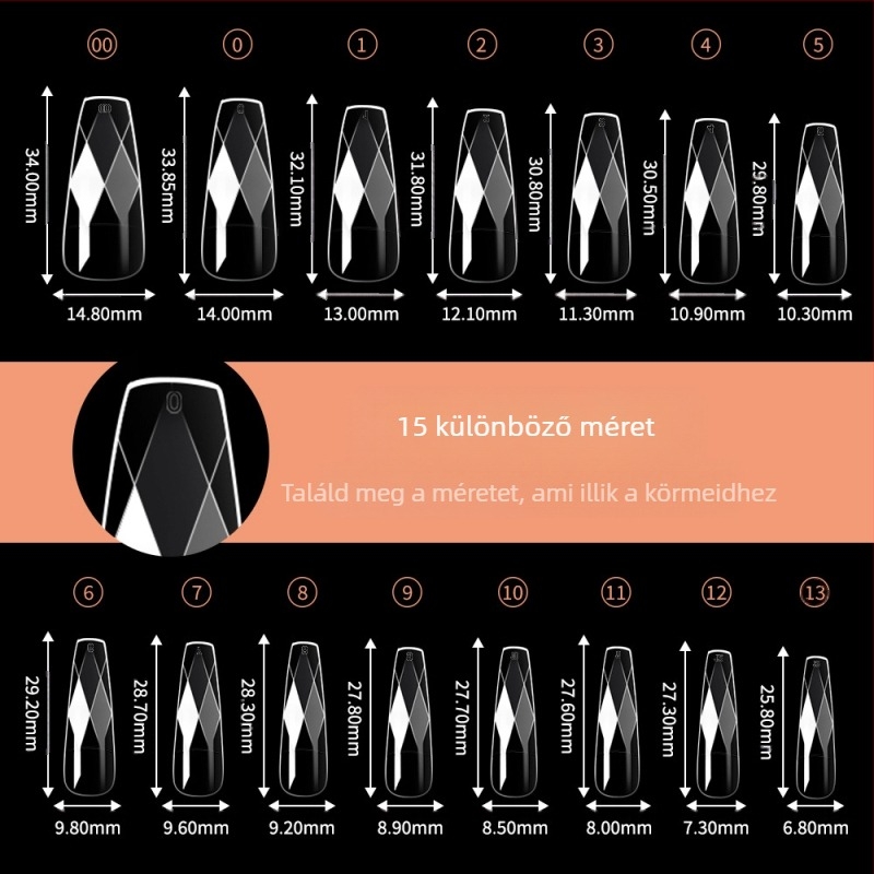 Átlátszó műköröm tippek 3D gyémánt díszítéssel, mandula és balerina formák, kockás mintázat