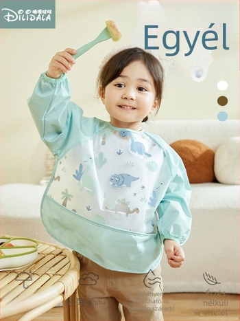 Baba vízálló etető kötény hosszú ujjú, rajzfilm mintázat, poliészter TPU, 2025 tavasz.