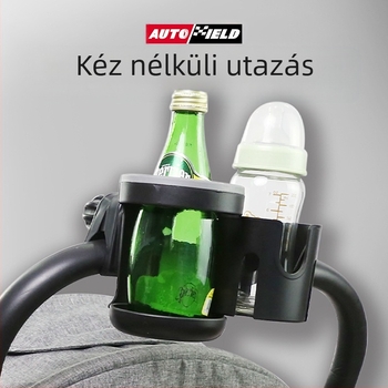 Két pohárral rendelkező babakocsi pohártartó és palacktartó – ABS gumírozott alátéttel és webbing szalagokkal; 48 db/csomag