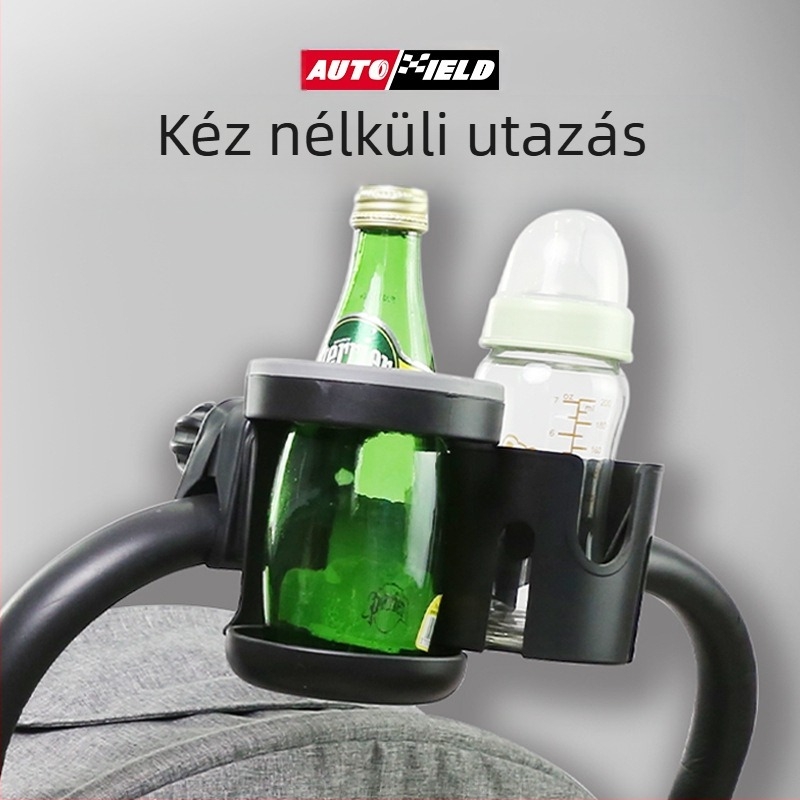 Két pohárral rendelkező babakocsi pohártartó és palacktartó – ABS gumírozott alátéttel és webbing szalagokkal; 48 db/csomag