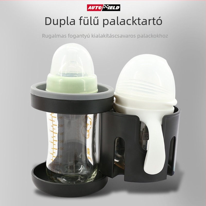 Két pohárral rendelkező babakocsi pohártartó és palacktartó – ABS gumírozott alátéttel és webbing szalagokkal; 48 db/csomag