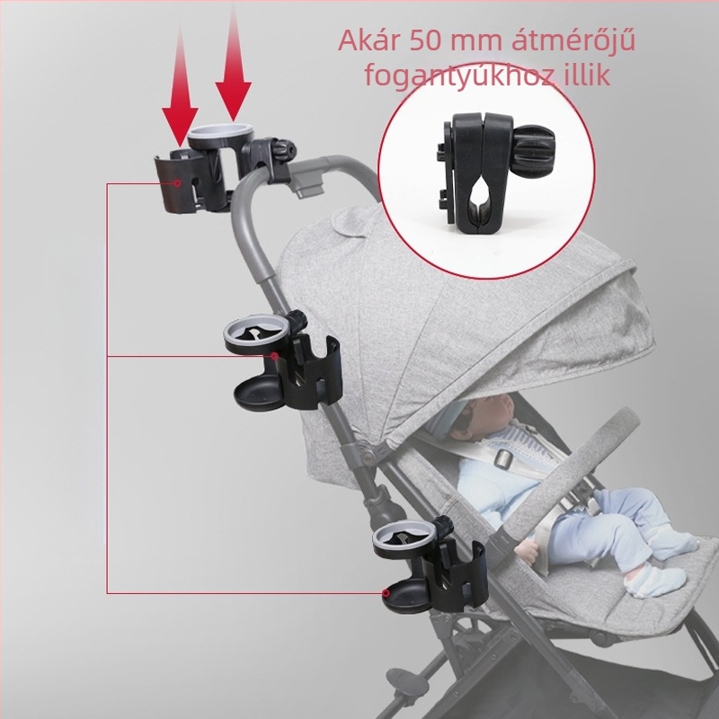 Két pohárral rendelkező babakocsi pohártartó és palacktartó – ABS gumírozott alátéttel és webbing szalagokkal; 48 db/csomag