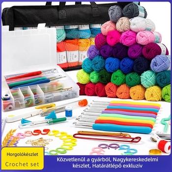 Gyapjú horgolós babakészlet kötőtűkkel és pulóver-készlettel, tartozék táskával