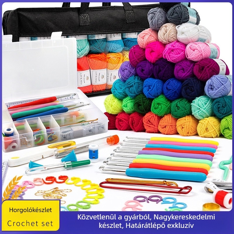 Gyapjú horgolós babakészlet kötőtűkkel és pulóver-készlettel, tartozék táskával