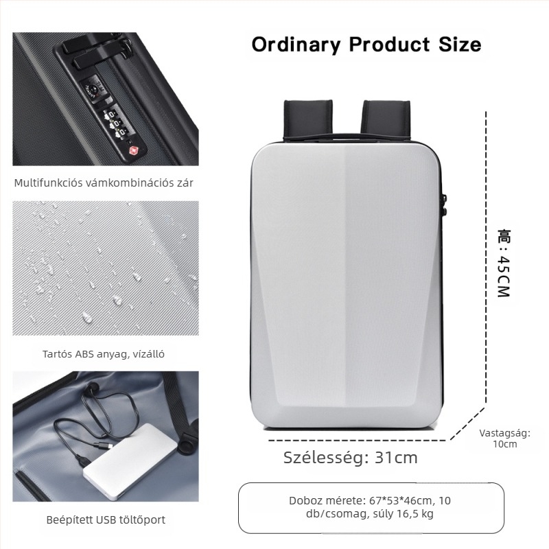 Gaming laptop hátizsák PC-s merevhéjjal, vízálló, kapacitás 20-35 liter, anti-theft, bővíthető, ergonomikus görbe vállpánt