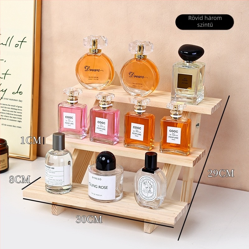 Parfüm megjelenítő állvány, tömörfa, lépcsős asztali rendező, modern minimalist stílus, összeszerelés szükséges, modell 1
